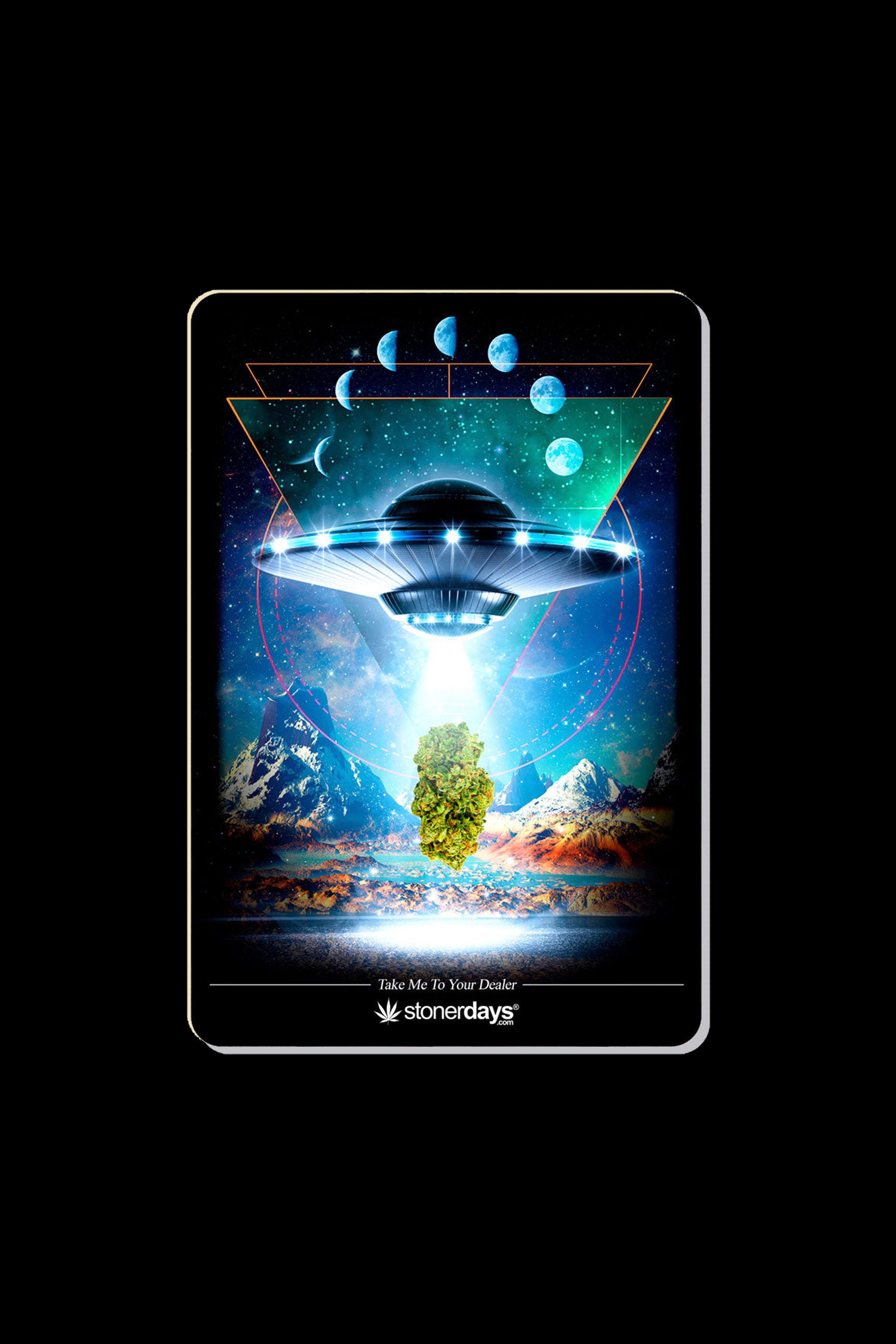 A vibrant, otherworldly illustration depicting a UFO beaming a glowing cannabis plant down onto a mountainous landscape, branded with "Take Me To Your Dealer" and "stonerdays" at the bottom.