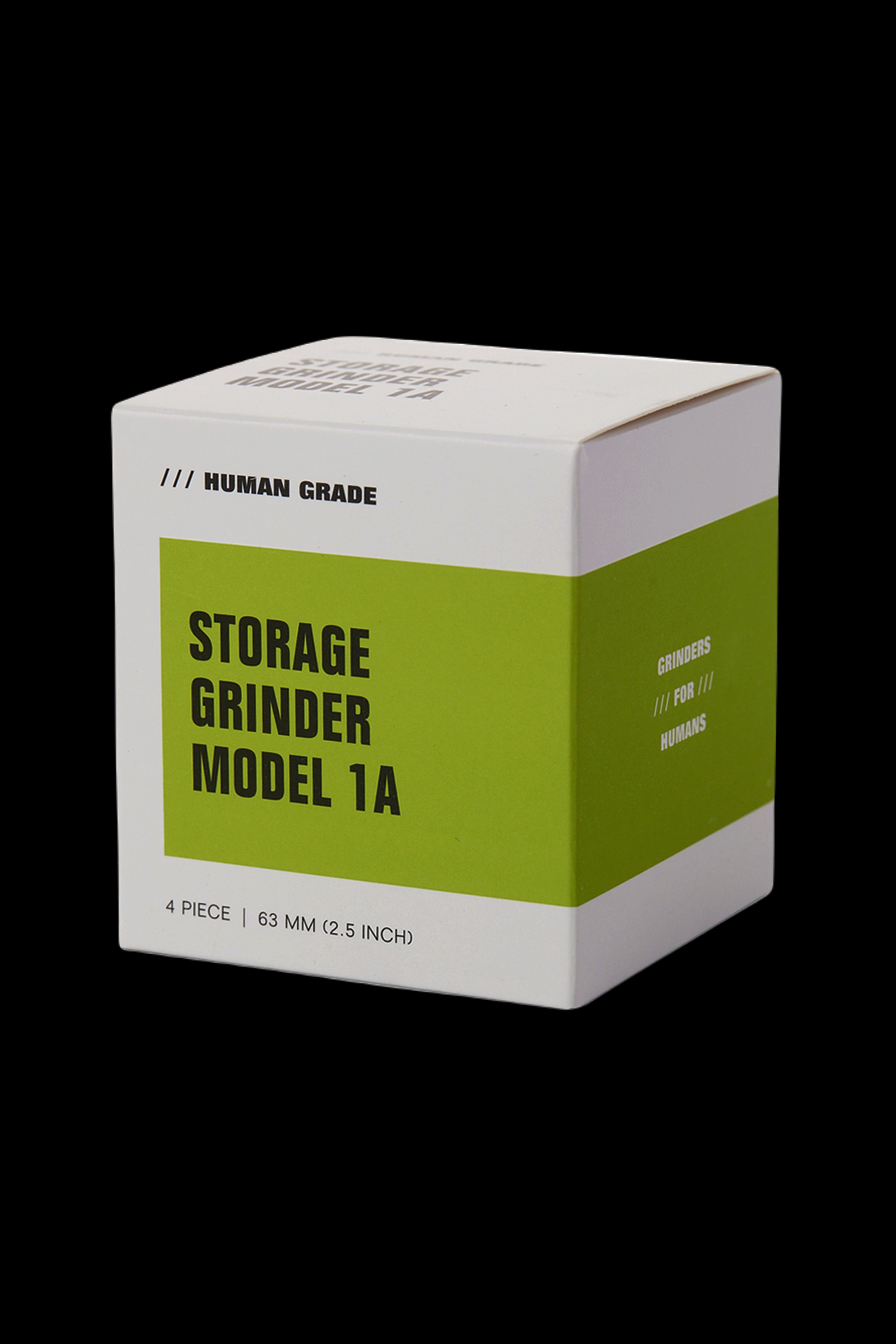 Beige box for a cannabis grinder labeled "Storage Grinder Model 1A" with minimalist black text.