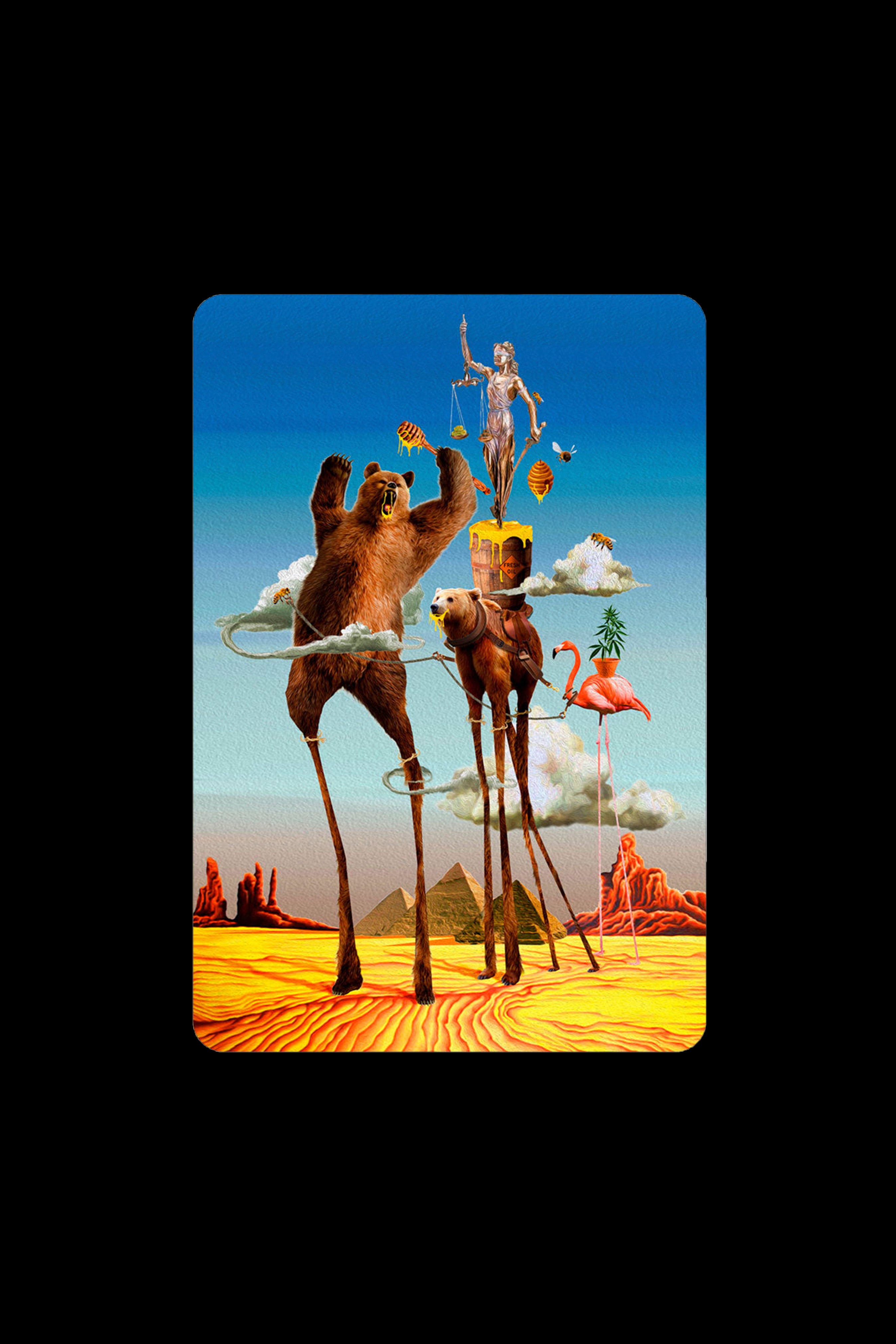 Surrealist digital artwork featuring a bear with giraffe legs standing in a desert landscape alongside a camel and flamingo, with a statue and cannabis leaves in the background.