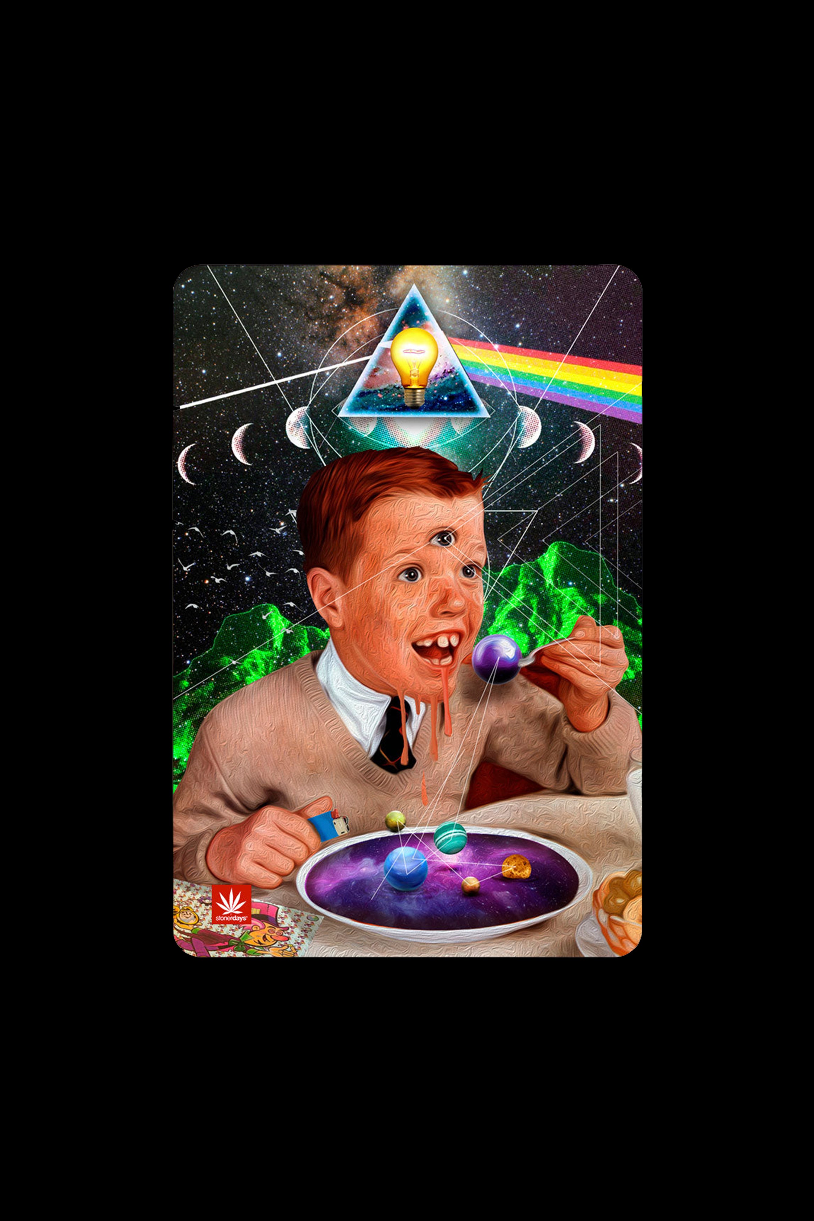 Surreal digital artwork depicting a distorted child eating from a bowl filled with planetary objects, set against a cosmic, psychedelic background with cannabis leaf branding.