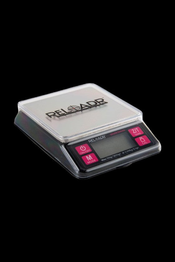 Digital scale with a clear acrylic platform, displaying "RELOADR" and measuring in grams and ounces, isolated on a black background.