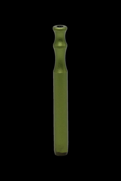 Olive green metal one-hitter pipe against a black background.