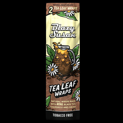 Tall front view of a vertical Blazy Susan Tea Leaf Wraps display pouch with daisy and iced tea pitcher artwork on a pale yellow and brown background.