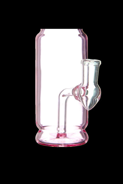 Pink glass bubbler water pipe for cannabis use.