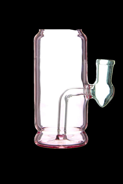 Pink glass water pipe resembling a beverage can.