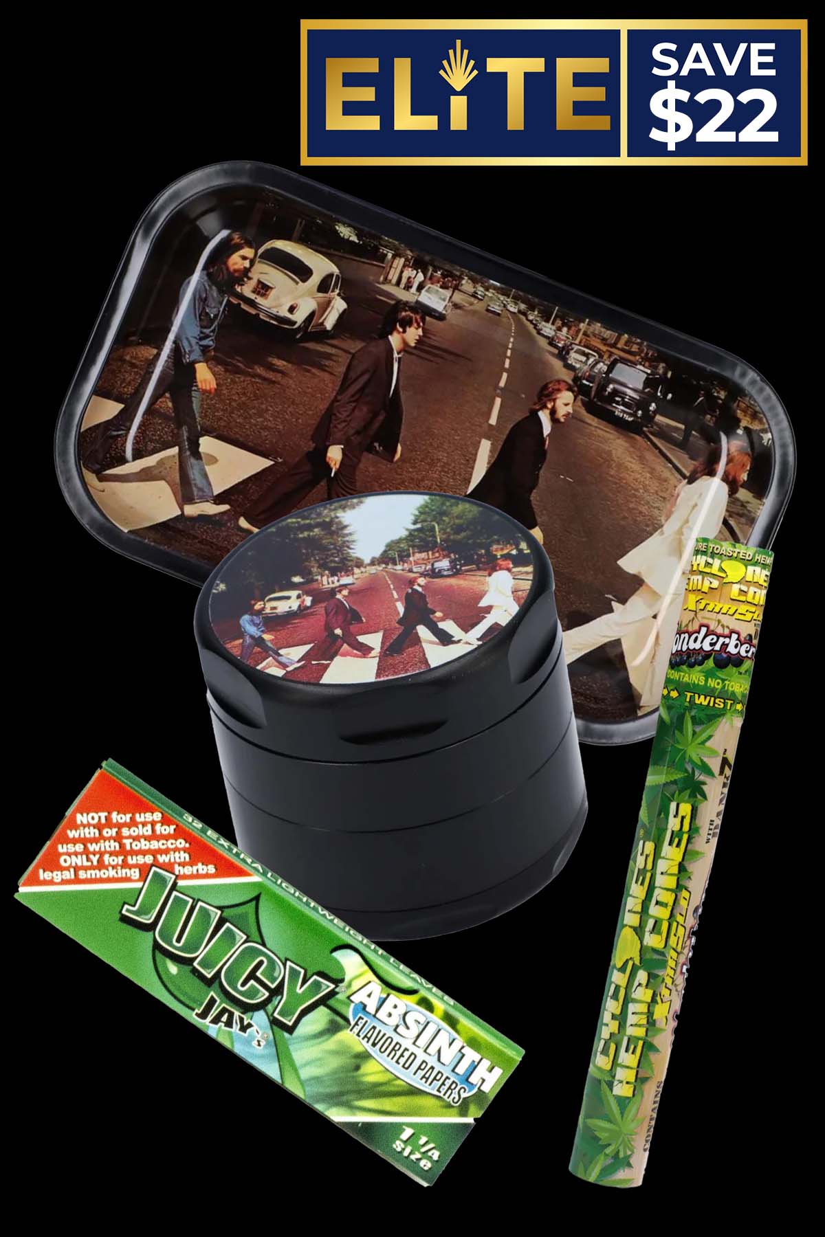 A cannabis accessory set featuring a rolling tray, grinder, and rolling papers, all adorned with a vintage Beatles "Abbey Road" album cover design.