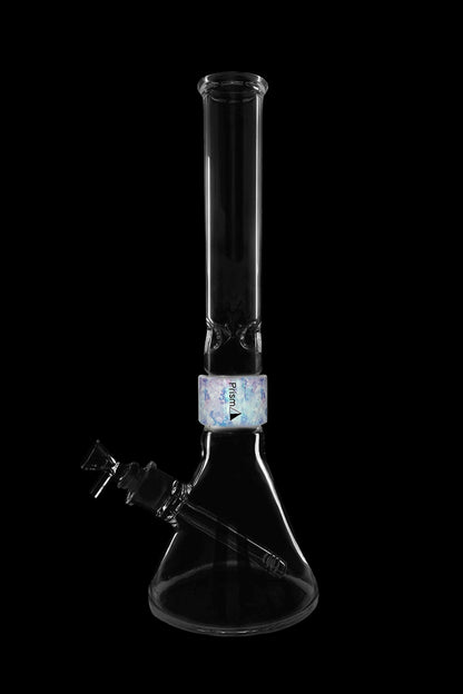 Clear glass bong with a blue and white patterned center section and a glass bowl.