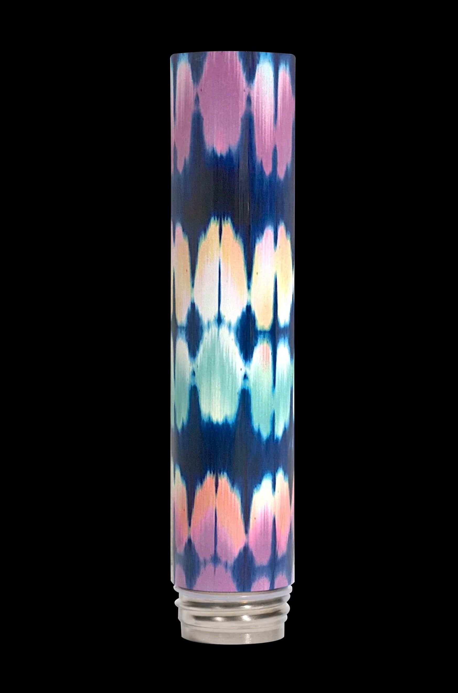 Colorful glass water pipe with a patterned, tie-dye-like design.