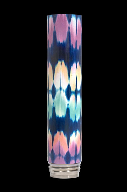 Colorful glass water pipe with a patterned, tie-dye-like design.