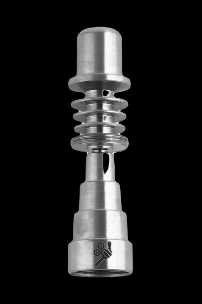 Silver titanium e-nail with ribbed design, isolated on black.