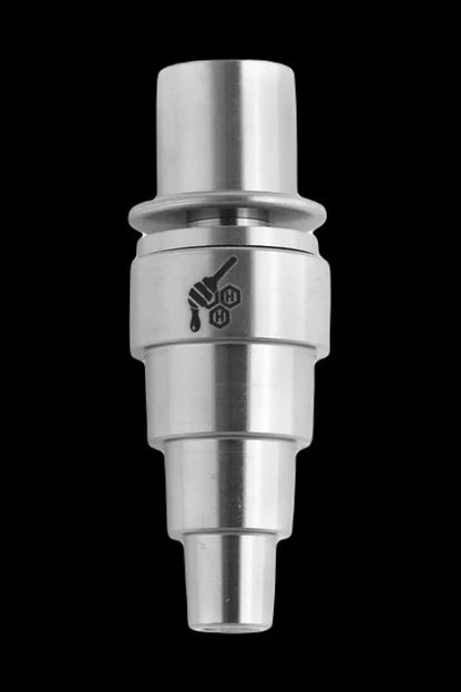 Silver titanium cannabis oil burner tip with branded logo.