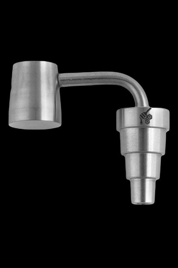 Silver cannabis dab rig nail with angled tip and coil-less design on a black background.