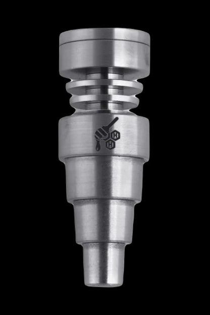 Silver titanium nail for vaporizing cannabis concentrates, with a branded logo.