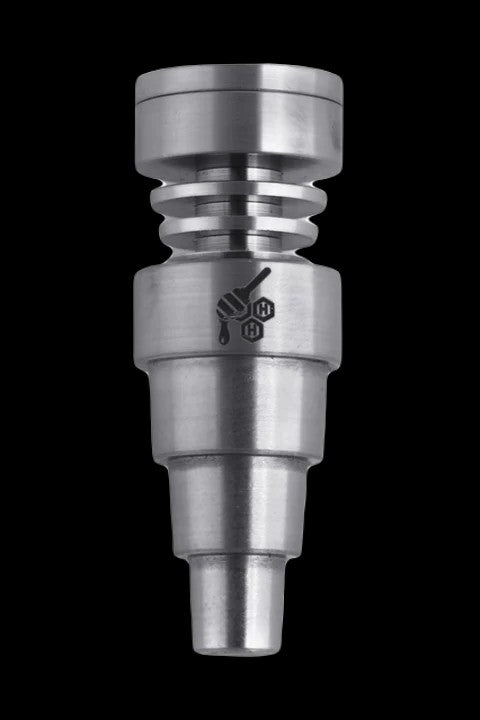 Silver titanium nail for vaporizing cannabis concentrates, with a branded logo.
