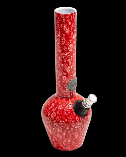 Red paisley glass water pipe (bong) with a clear glass bowl.