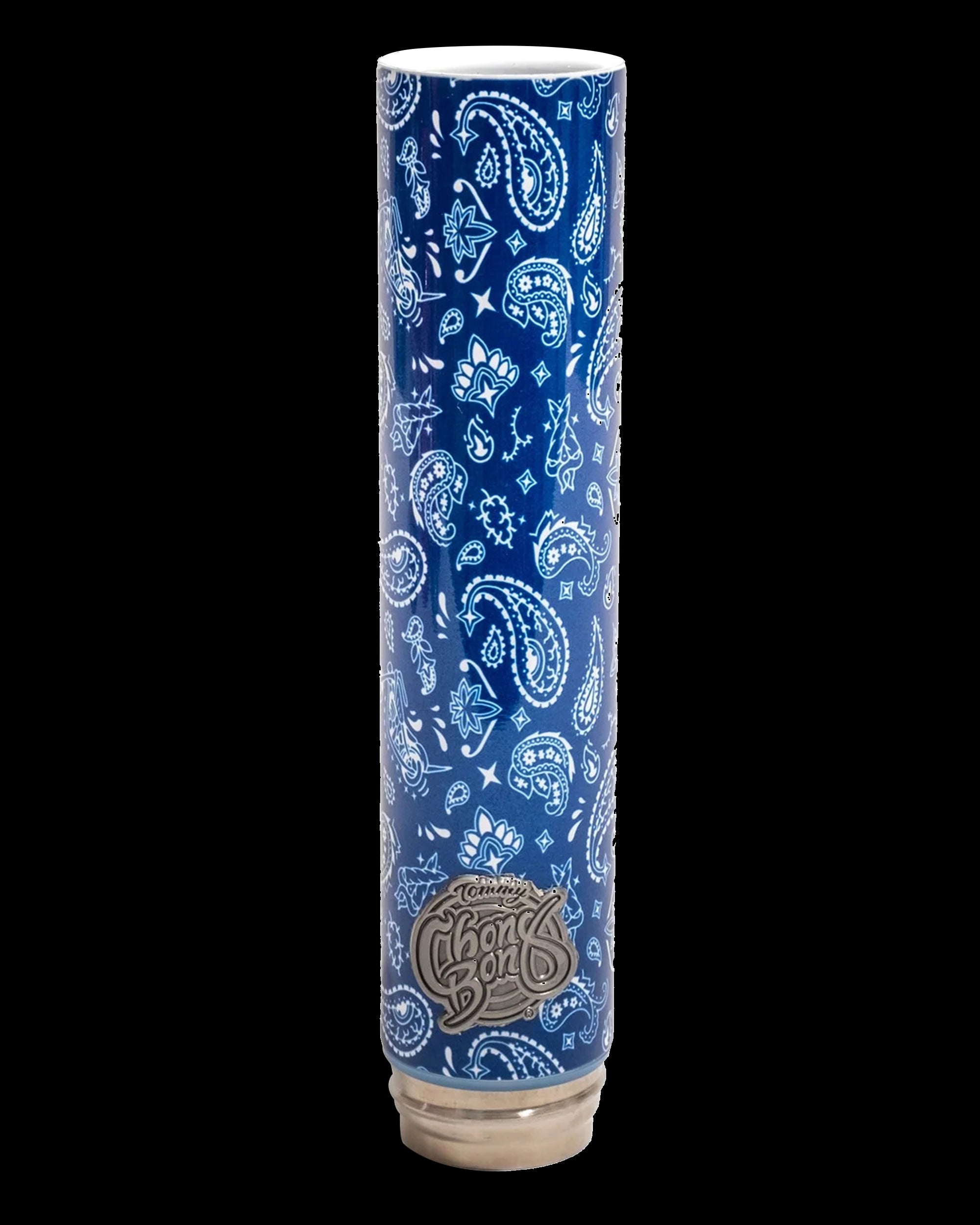 Blue paisley glass pipe with gold “Chronic” lettering.