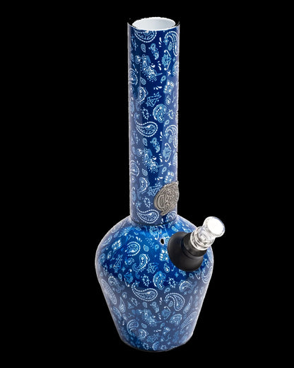 Blue paisley glass water pipe (bong) isolated on a black background.