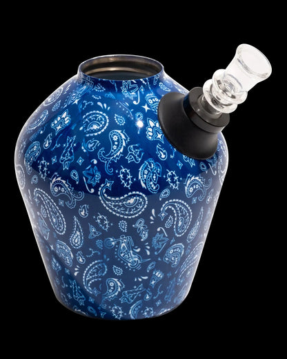 Blue paisley glass water pipe with clear mouthpiece.