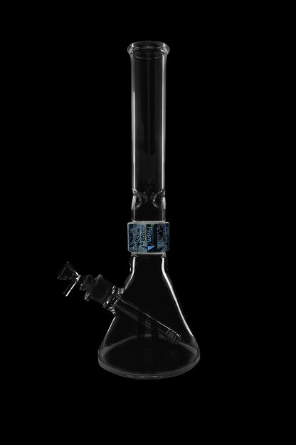Clear glass bong with ice catcher and patterned accent, isolated on black.