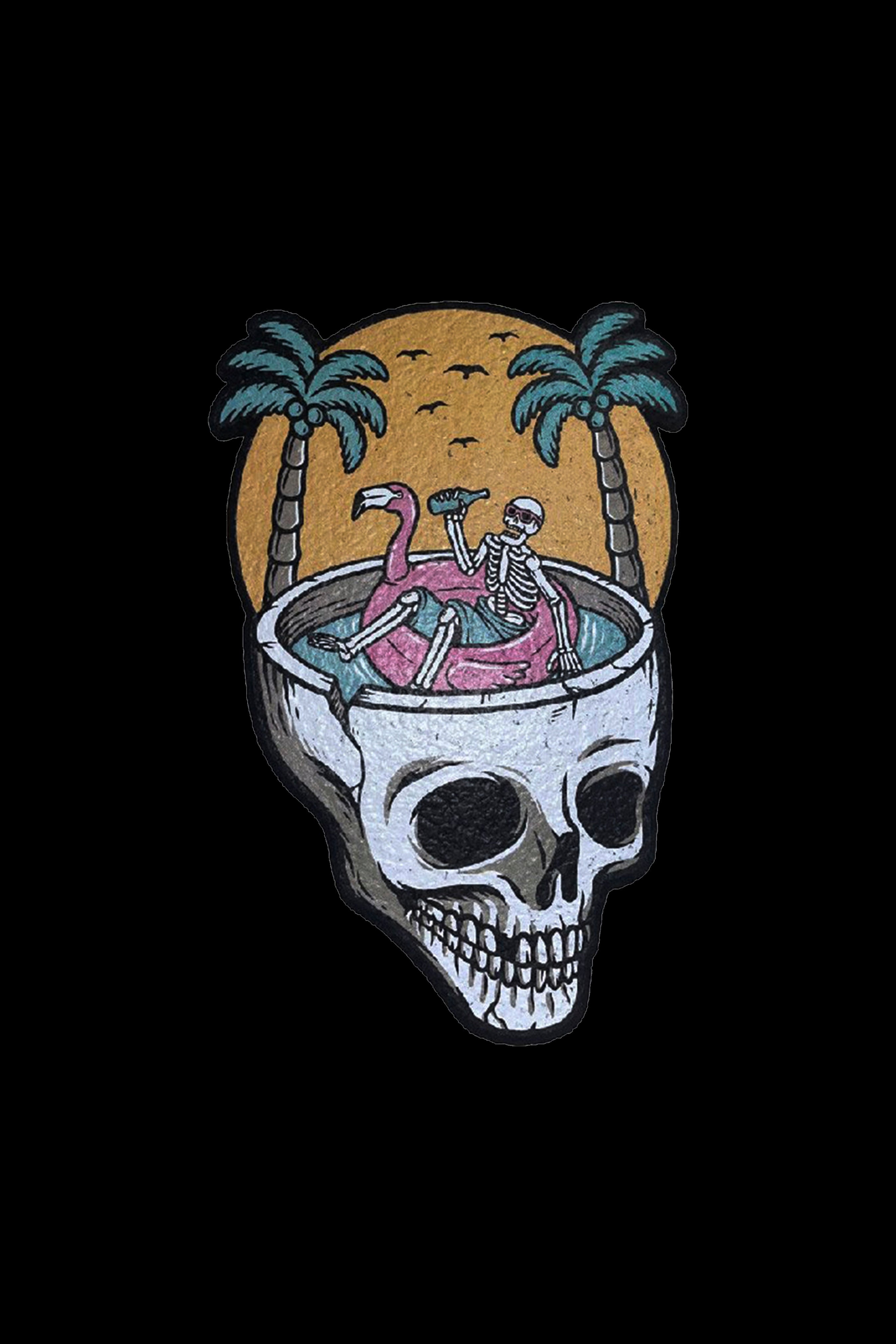 Vintage-style illustration of a skull filled with a tropical beach scene, featuring a skeleton lounging on a pink flamingo float in blue water, framed by palm trees and a setting sun – likely a sticker or design for cannabis accessories.