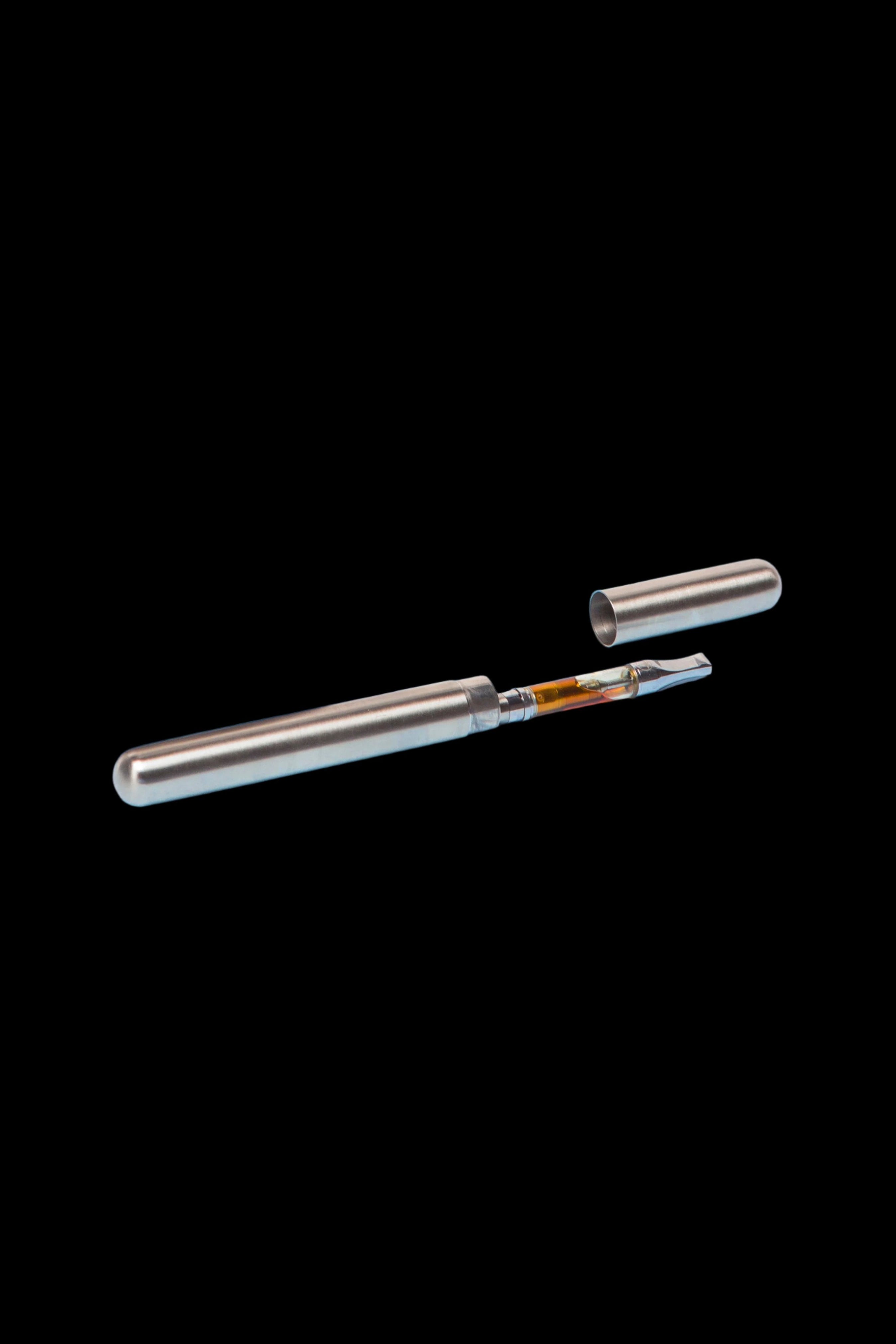 Silver cannabis vape pen with a protective case, disassembled on a black background.