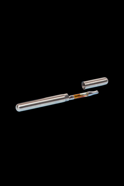 Silver cannabis vape pen with a protective case, disassembled on a black background.