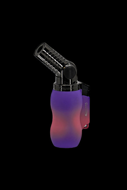 Colorful butane torch lighter for dabbing cannabis concentrates.