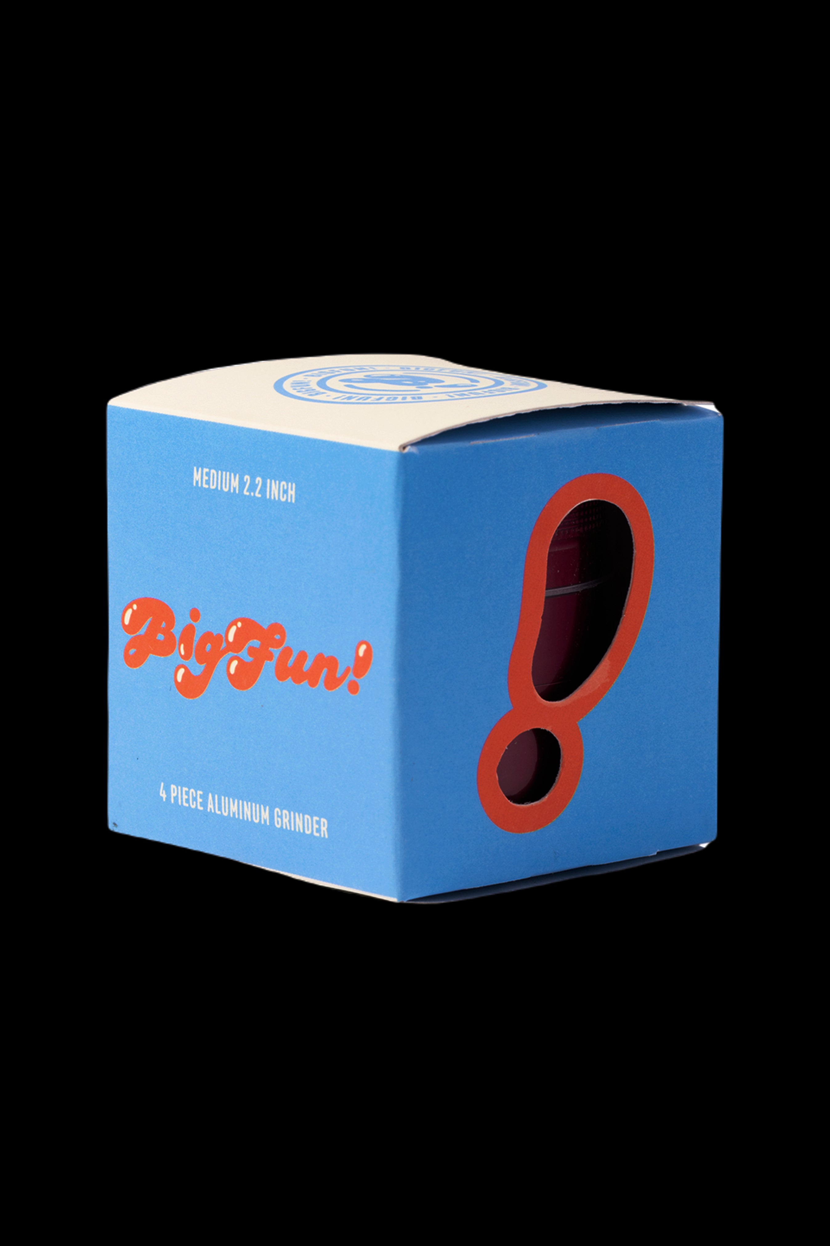 Blue box for a “Big Fun!” 4-piece aluminum cannabis grinder.