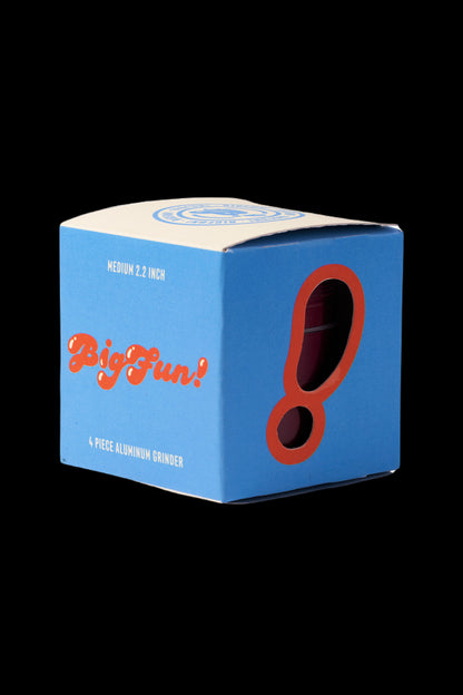 Blue box for a “Big Fun!” 4-piece aluminum cannabis grinder.