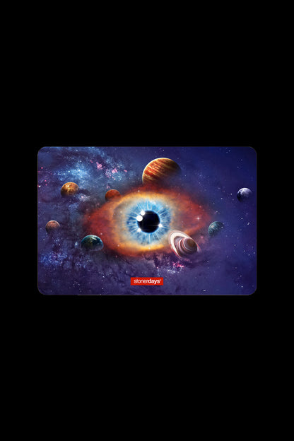 Cosmic eye design with planets surrounding a central iris, branded "stonerdays".