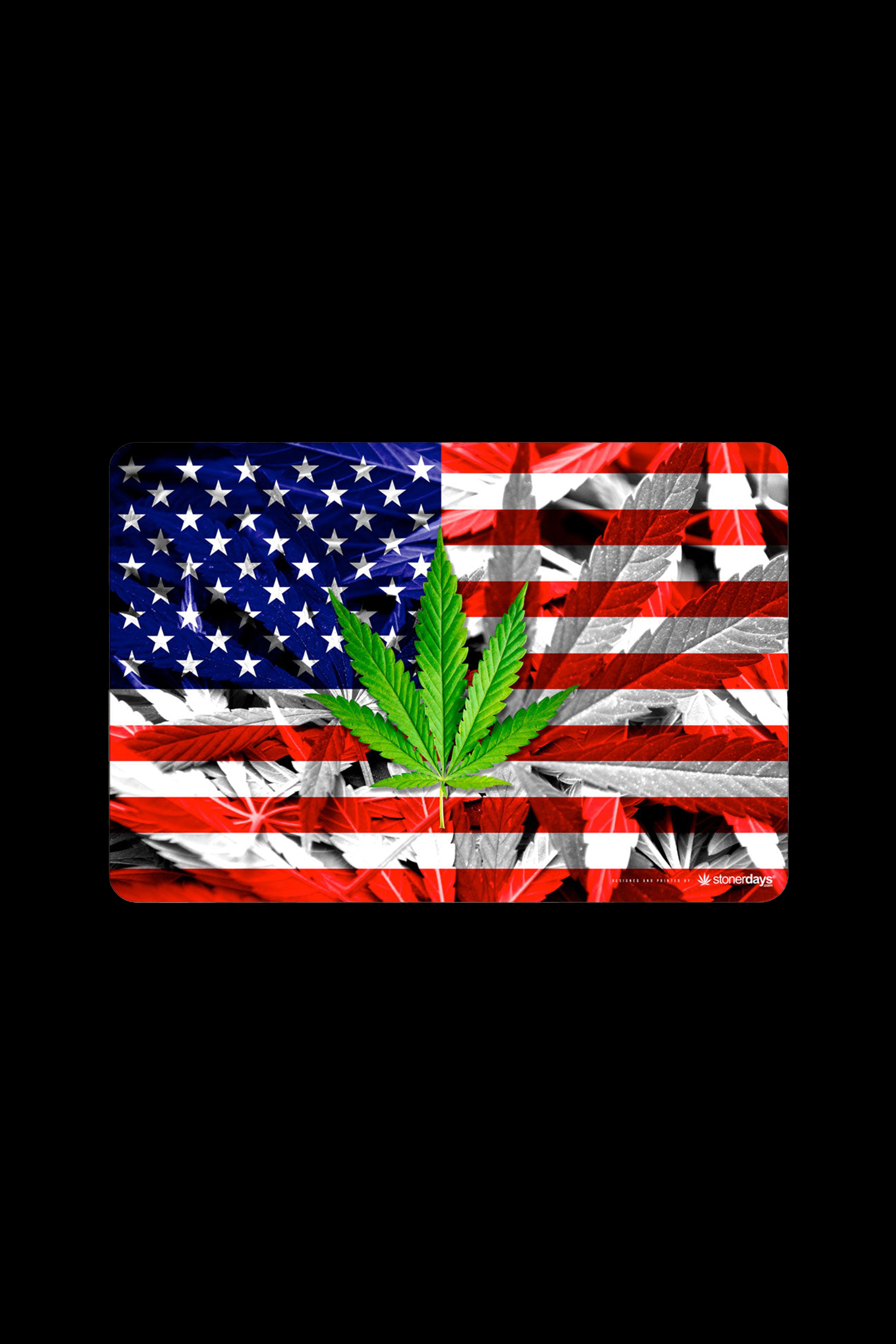 Cannabis leaf superimposed on a distressed American flag background.