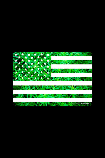 American flag with a cannabis leaf pattern replacing the stars and stripes.