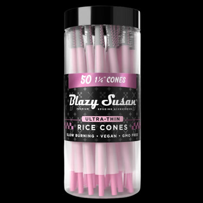 Centered front view of a clear jar showing pink cones and a black label for Blazy Susan Ultra Thin Rice Cones.