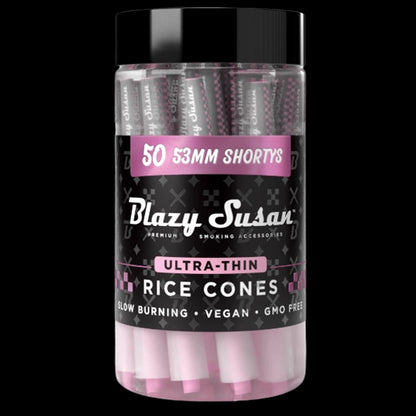 Centered front view of a clear jar of Blazy Susan Ultra Thin Rice Cones showing a black lid, a pink "50 53mm Shortys" banner, and rows of pale pink cones inside.