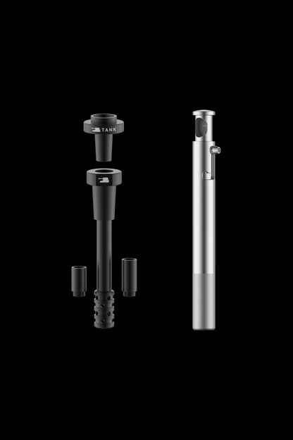 Disassembled and assembled cannabis oil vape pen with metallic finish on a black background.