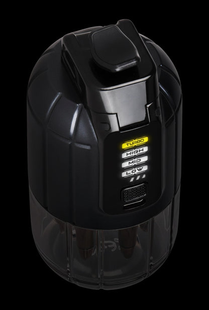 Close-up angled view of the Pulsar Dabtron 2.0 Electric Dab Rig | 1500mAh showing its black top with a lit yellow "TURBO" indicator and transparent lower chamber against a black background