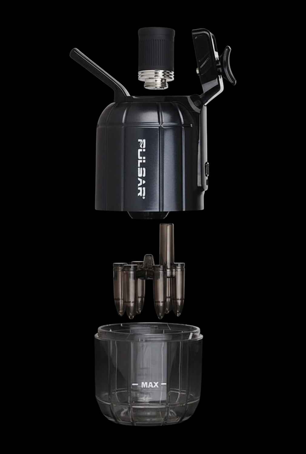 Front-facing exploded view of the Pulsar Dabtron 2.0 Electric Dab Rig | 1500mAh showing the black motor housing, removable atomizer cap and clear collection cup against a black background