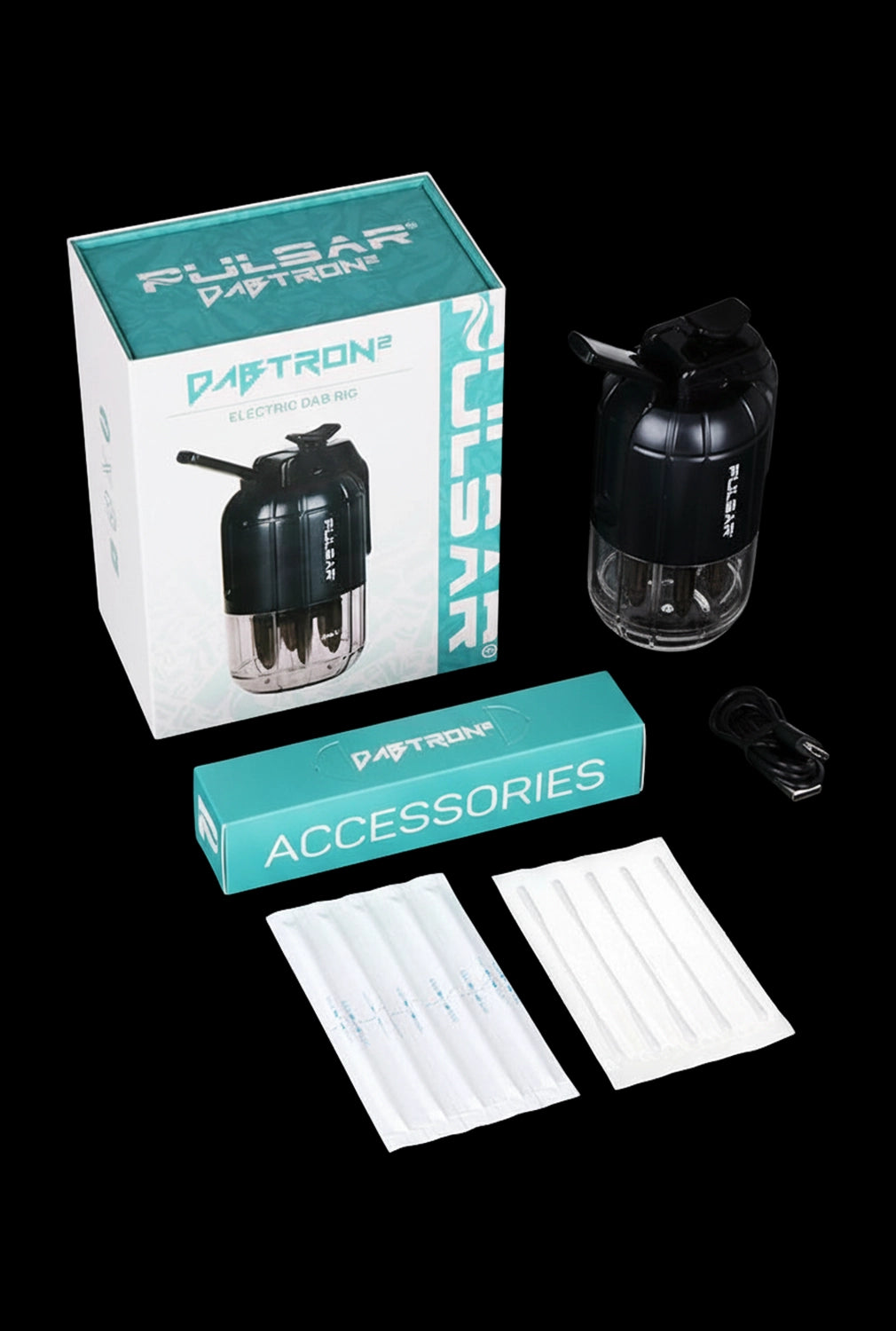 Angled top-down view of the Pulsar Dabtron 2.0 Electric Dab Rig | 1500mAh kit with the box, black rig, teal "ACCESSORIES" box, wrapped tools and USB cable on a black background