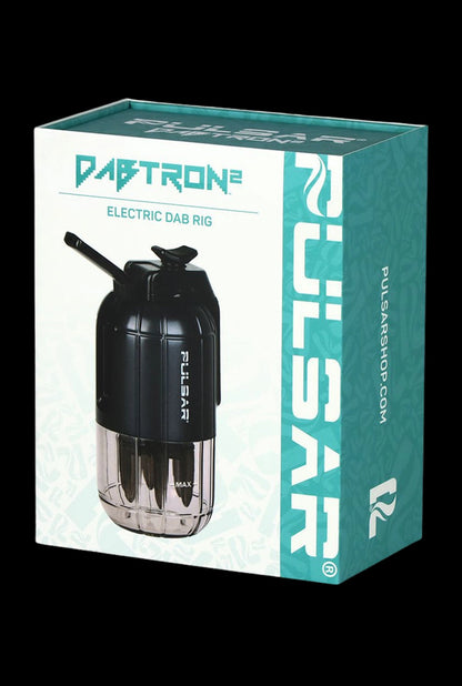 Angled front view of the Pulsar Dabtron 2.0 Electric Dab Rig | 1500mAh retail box showing the black rig image on white and teal packaging.