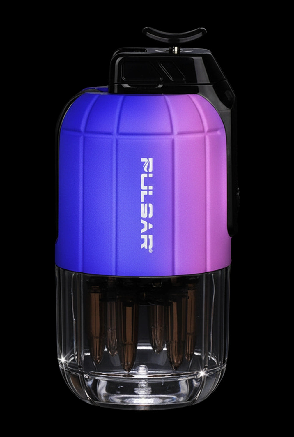 Close-up front view of the Pulsar Dabtron 2.0 Electric Dab Rig | 1500mAh showing its blue-to-purple gradient body, vertical white branding, black top control, and clear glass base.