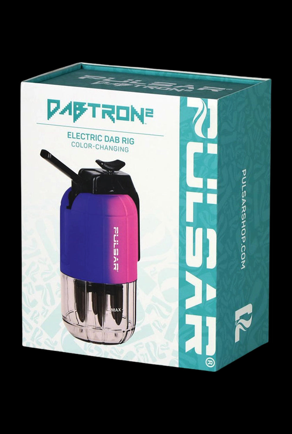 Three-quarter front view of the Pulsar Dabtron 2.0 Electric Dab Rig | 1500mAh box showing a color-changing purple-to-pink device image against teal and white packaging.