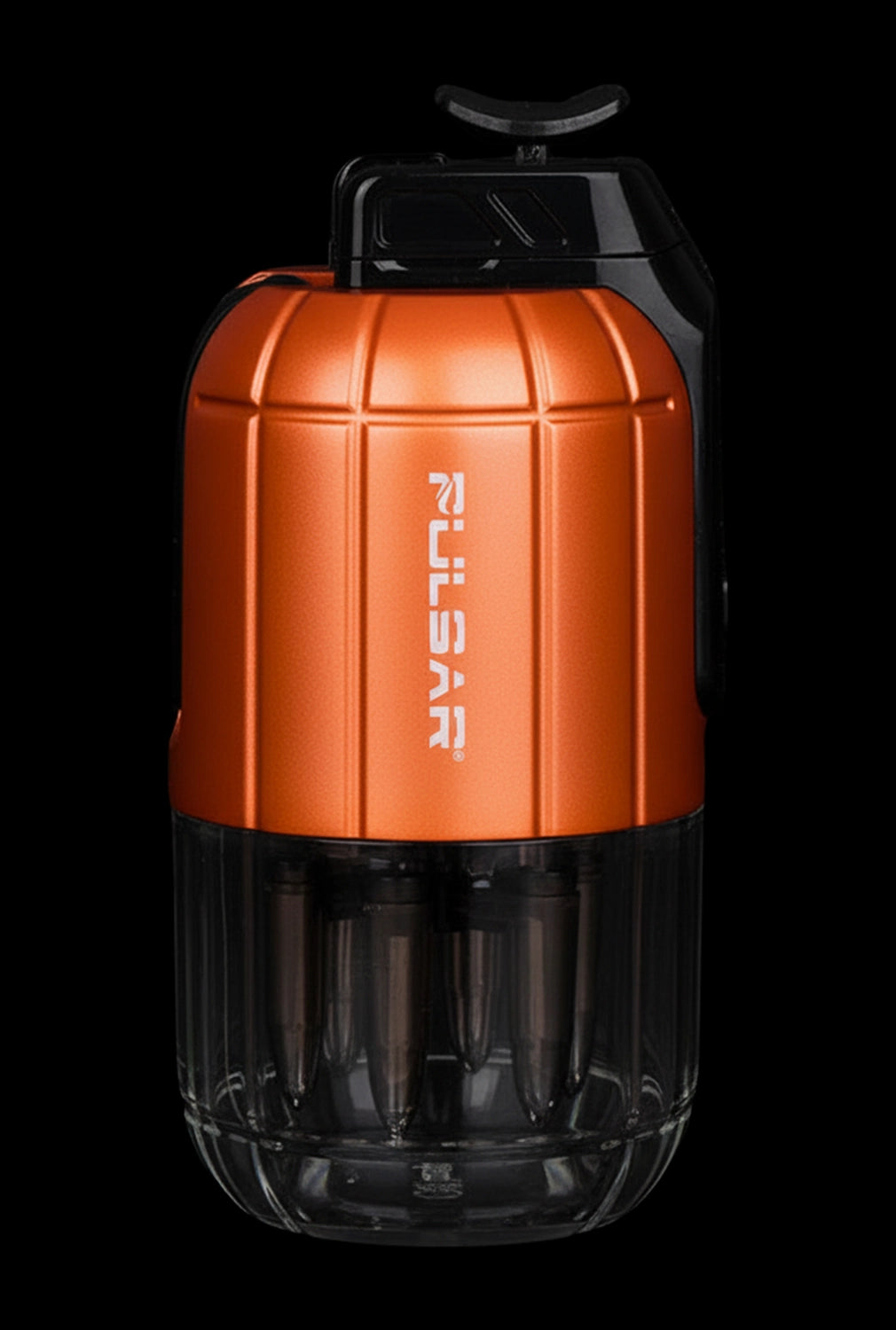 Close-up front view of the orange Pulsar Dabtron 2.0 Electric Dab Rig with a black mouthpiece and transparent base against black.