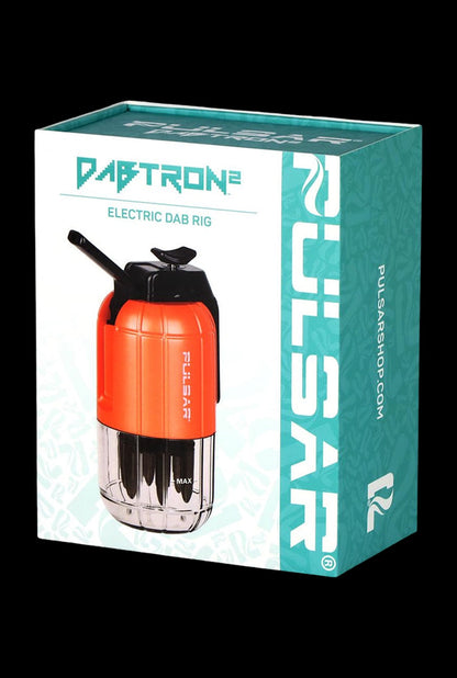 Angled front view of the Pulsar Dabtron 2.0 Electric Dab Rig | 1500mAh box showing a teal and white branded package with an orange and clear device image on the front.