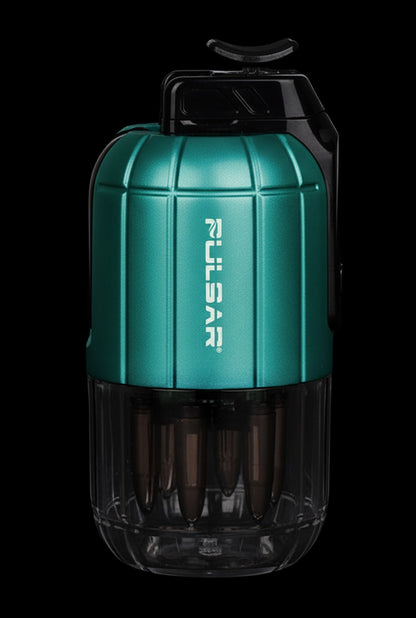 Close-up front view of the teal Pulsar Dabtron 2.0 Electric Dab Rig | 1500mAh showing its ribbed metallic body, clear lower chamber, and top mouthpiece against a black background
