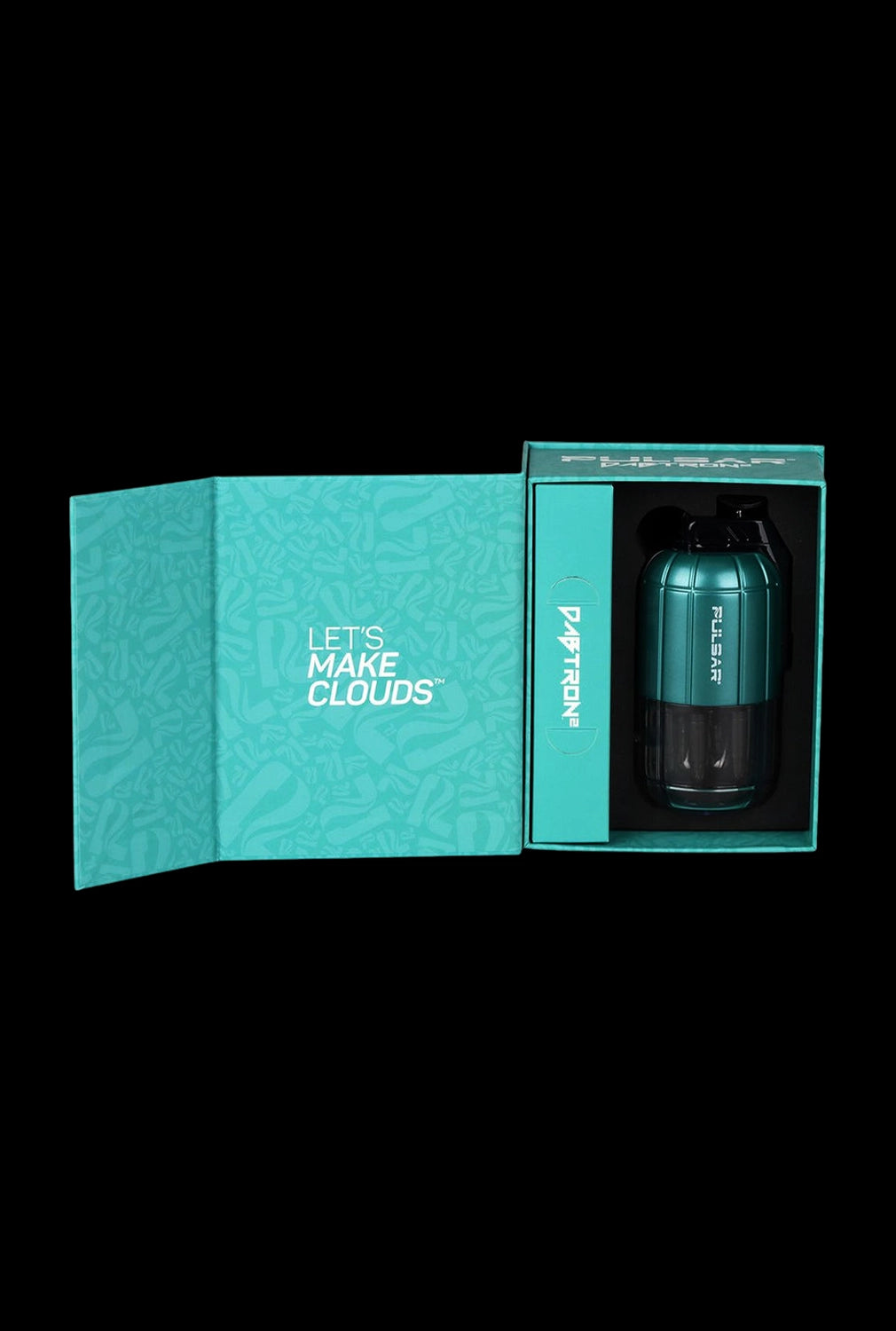 Top-down view of the Pulsar Dabtron 2.0 Electric Dab Rig | 1500mAh nestled in teal packaging with the open lid reading "LET'S MAKE CLOUDS."