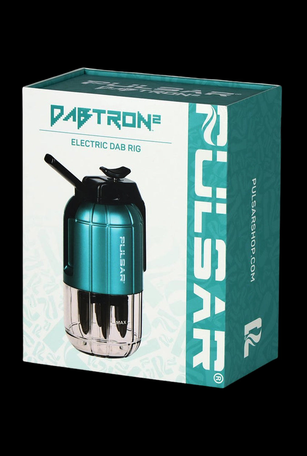 Angled front view of the teal Pulsar Dabtron 2.0 Electric Dab Rig box showing the product photo and bold teal side panel with PULSAR branding.