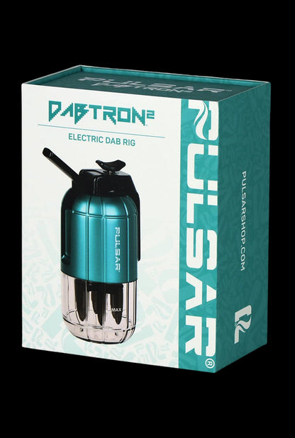 Angled front view of the teal Pulsar Dabtron 2.0 Electric Dab Rig box showing the product photo and bold teal side panel with PULSAR branding.