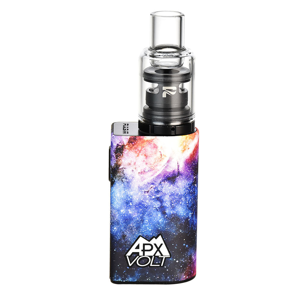 Front-facing studio shot of the Pulsar APX Volt V3 Vaporizer with a clear glass tank and a colorful galaxy-patterned body.