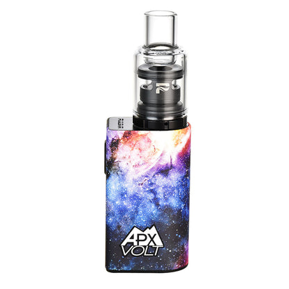 Front-facing studio shot of the Pulsar APX Volt V3 Vaporizer with a clear glass tank and a colorful galaxy-patterned body.