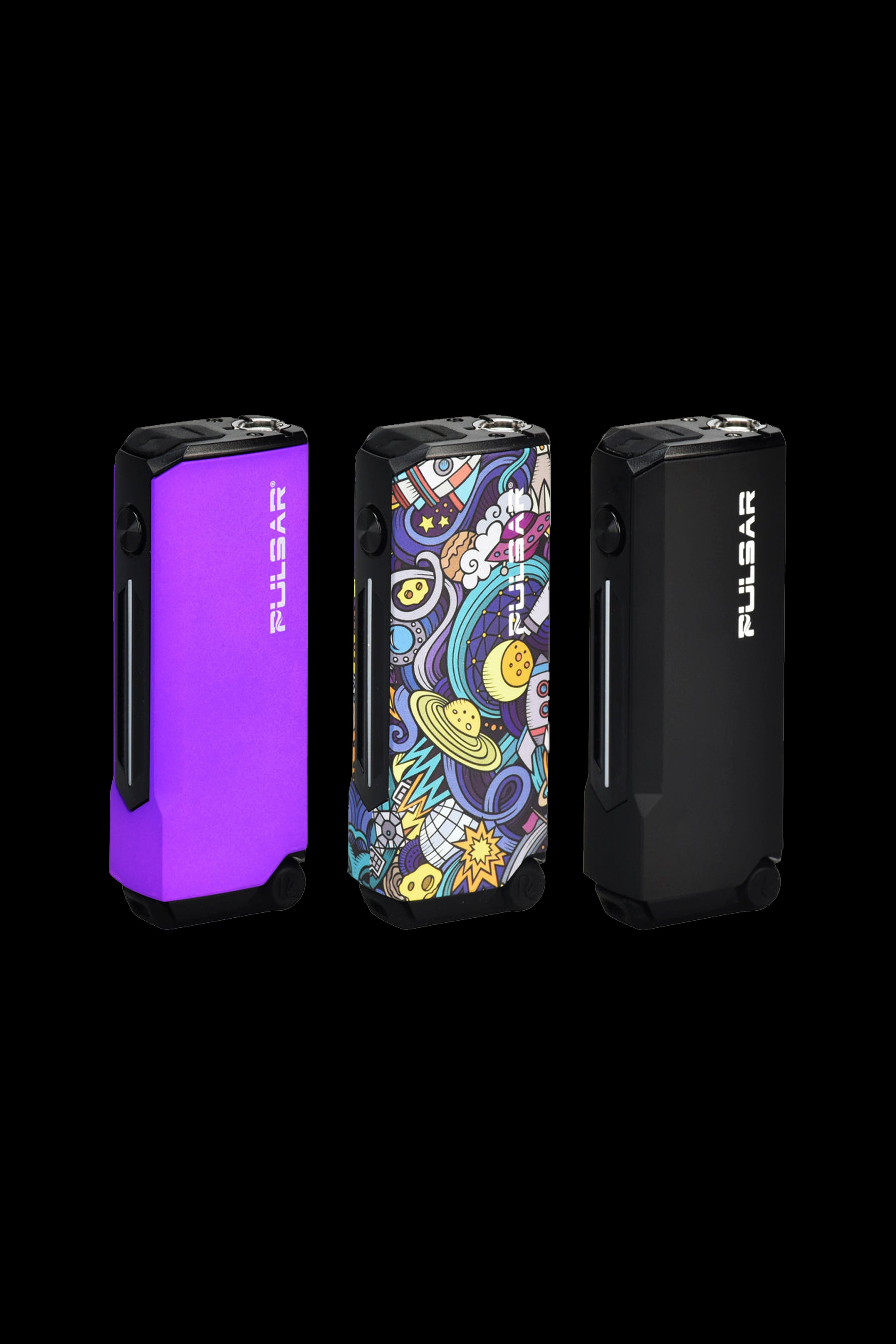 Three Pulsar vaporizers in purple, psychedelic, and black designs displayed on a black background.
